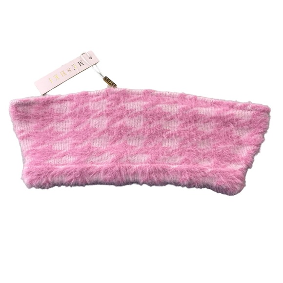 ⭐️2/$20 NWT Meshki Houndstooth Fuzzy Fluffy Pink Soft Coquette Y2K Tube Top - Picture 2 of 10